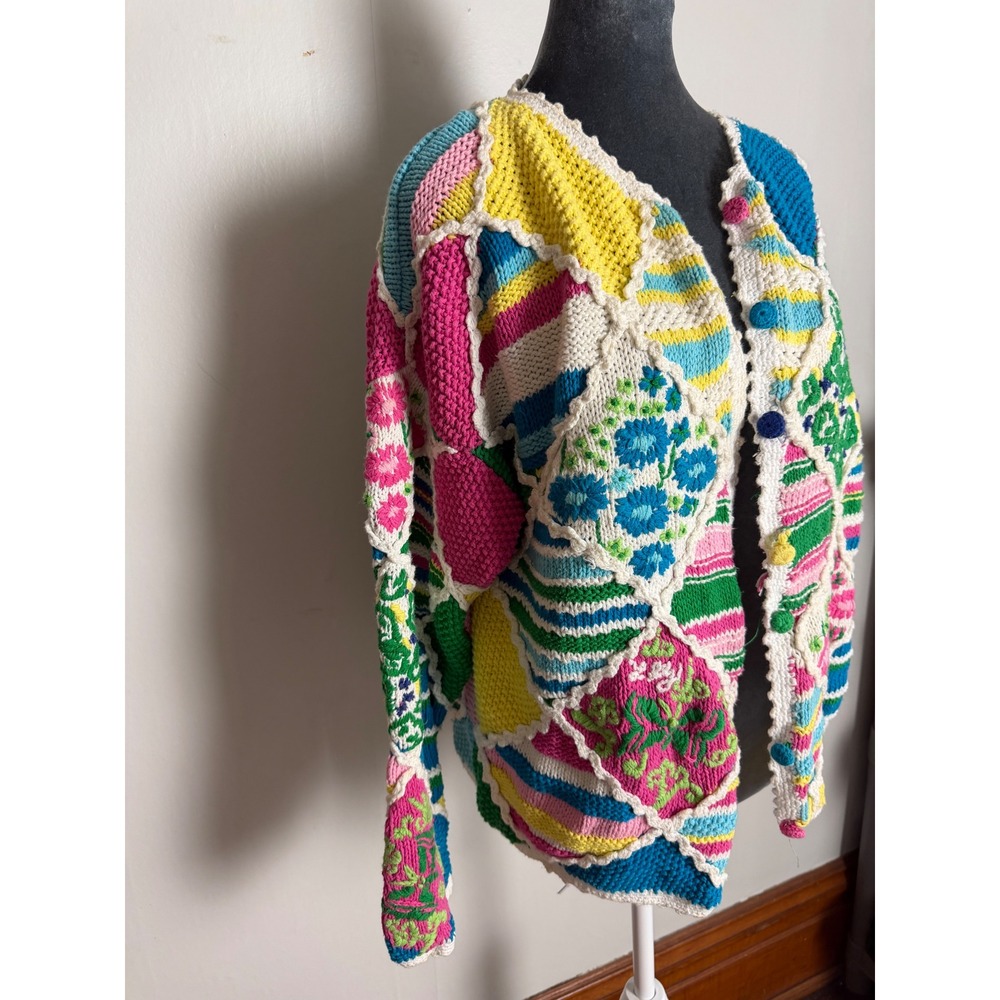 Lilly Pulitzer Vintage Patchwork Floral Knit Cardigan Sweater pastel Cottagecore - Picture 2 of 12